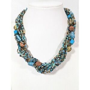 Beachy Boho Blue Green Glass Bead Copper Tone Multi Twist Necklace 20"‎